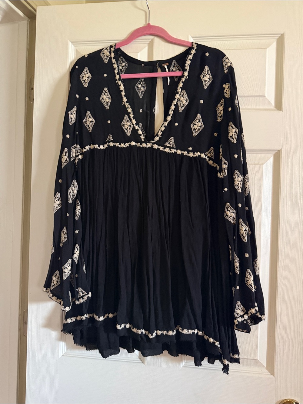 Black Boho Embroidered V-Neck Women's Top